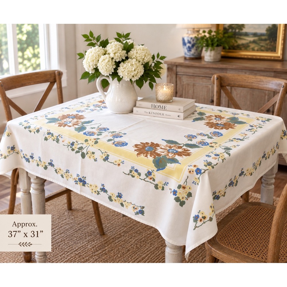 Vintage Floral Tablecloth Rectangular Small Cream Blue Yellow Cottage 37x31